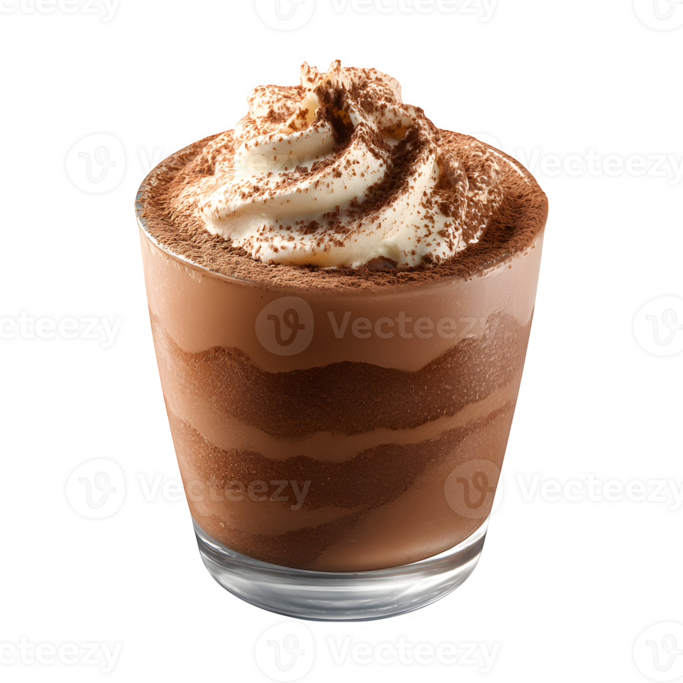 Indulge in a delectable chocolate dessert with a creamy swirl topping, beautifully presented in a glass, and perfect for a tempting treat, transparent background png