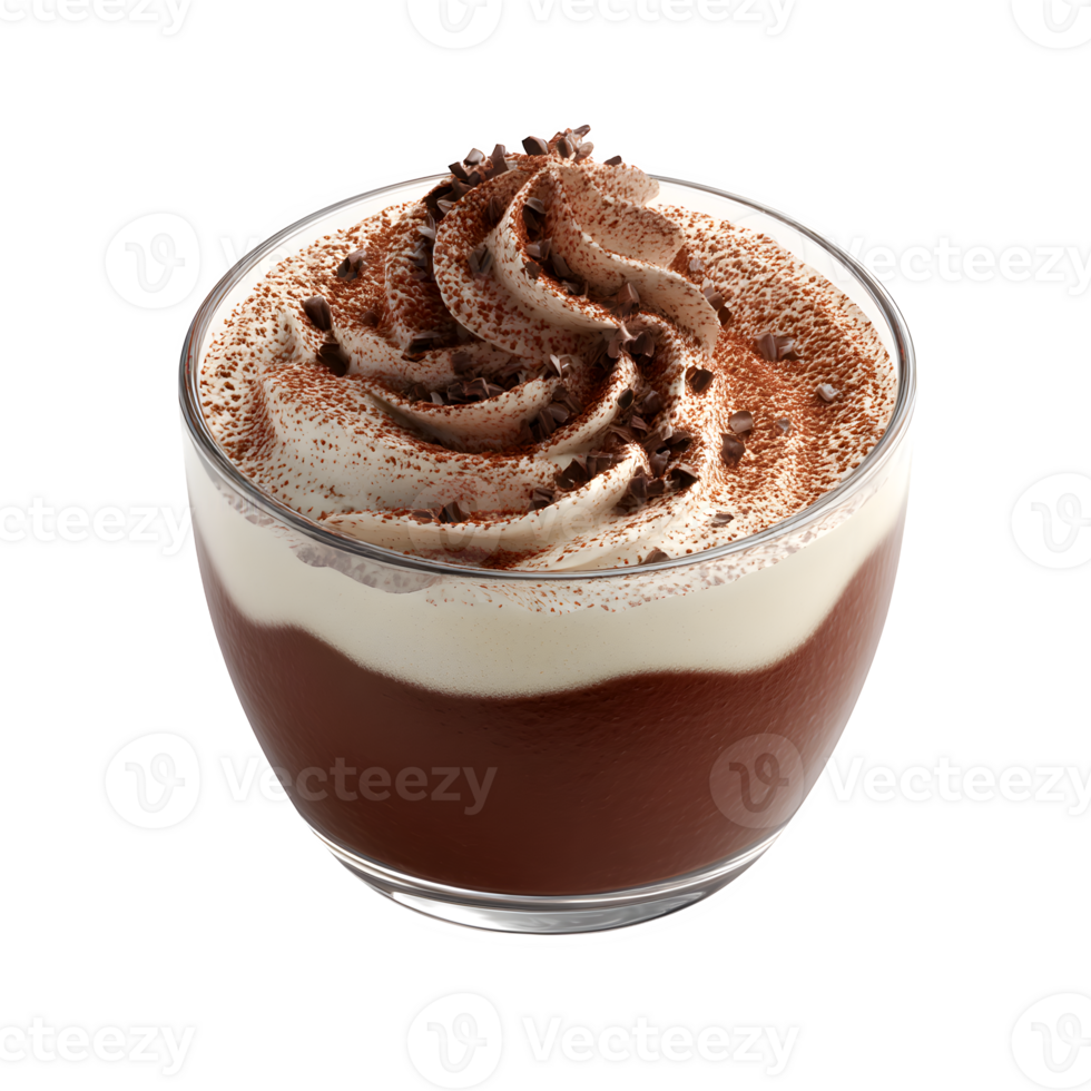 Delicious dessert in a glass, featuring rich chocolate mousse topped with a swirl of creamy whipped cream and chocolate shavings, transparent background png