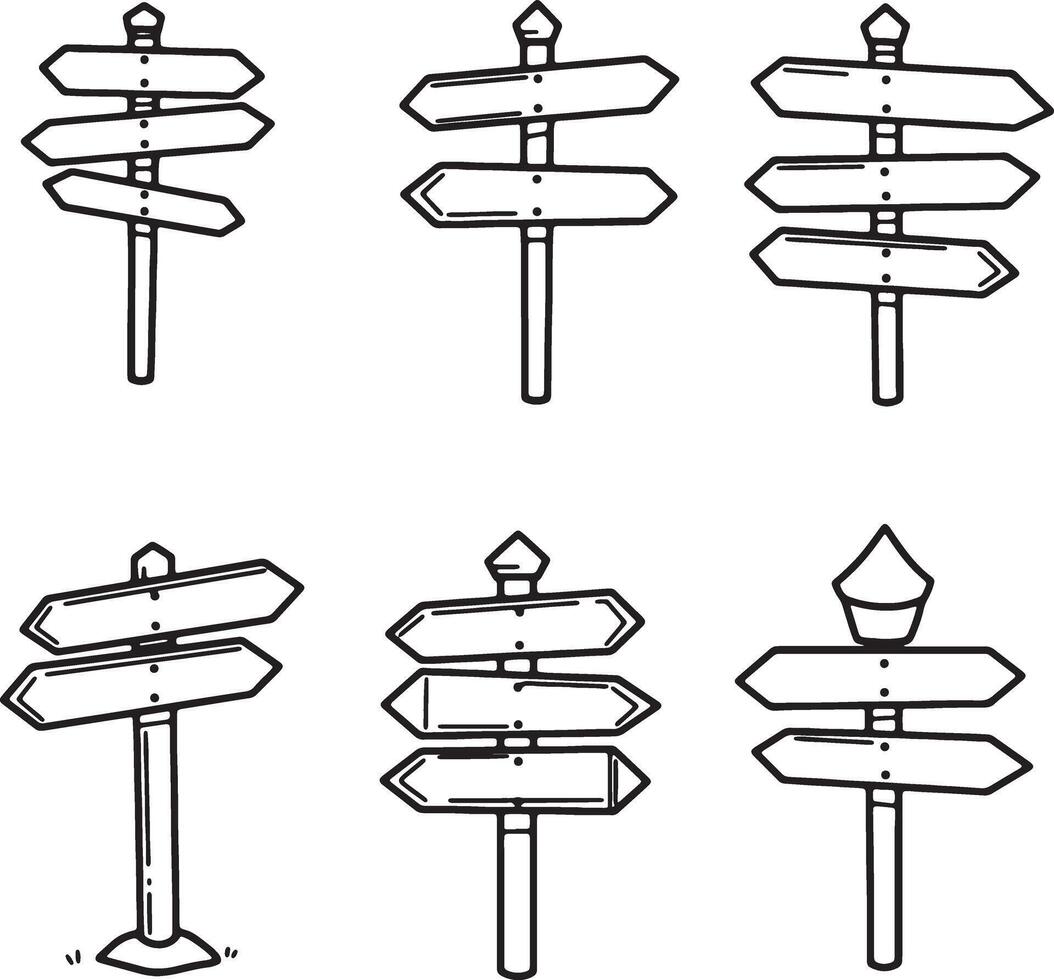 Charming Hand-Drawn Black and White Signposts Pointing Directions, Illustrative Guideposts for Navigation, Rustic and Simple Wooden Sign Designs vector