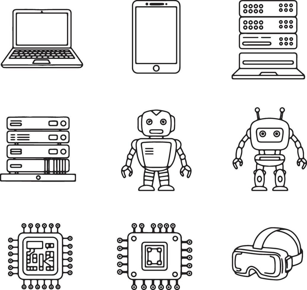 Serene Line Art Illustrations of Futuristic Technology Robots, Devices, and Computing Components - Professional digital artwork with vibrant colors and detailed composition vector