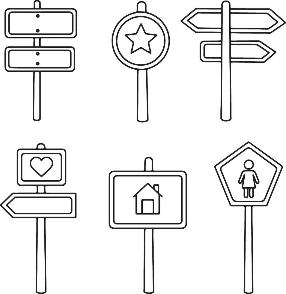Charming Hand-Drawn Line Art Signs A Collection of Simple Directional, Informational, and Symbolic Wayfinders for Design Projects vector