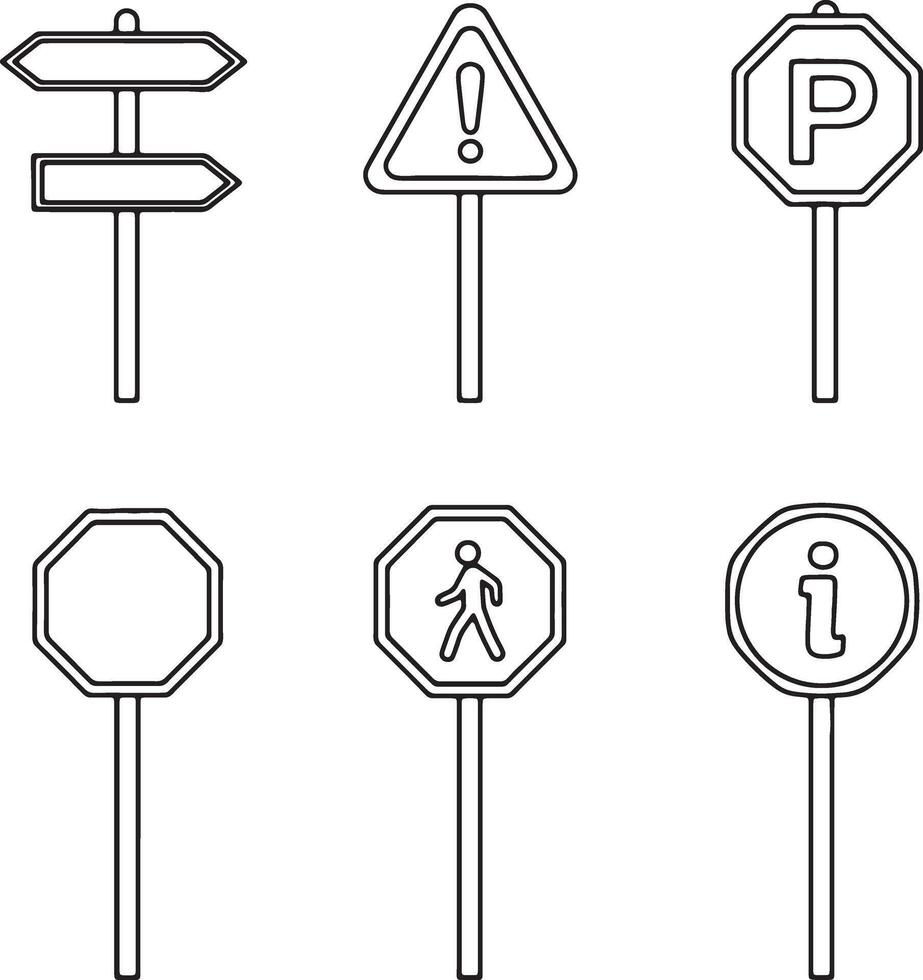Simple Line Drawings of Six Common Road Signs Directional, Warning, Parking, Blank, Pedestrian, and Information, in a Clean Minimalist Style vector