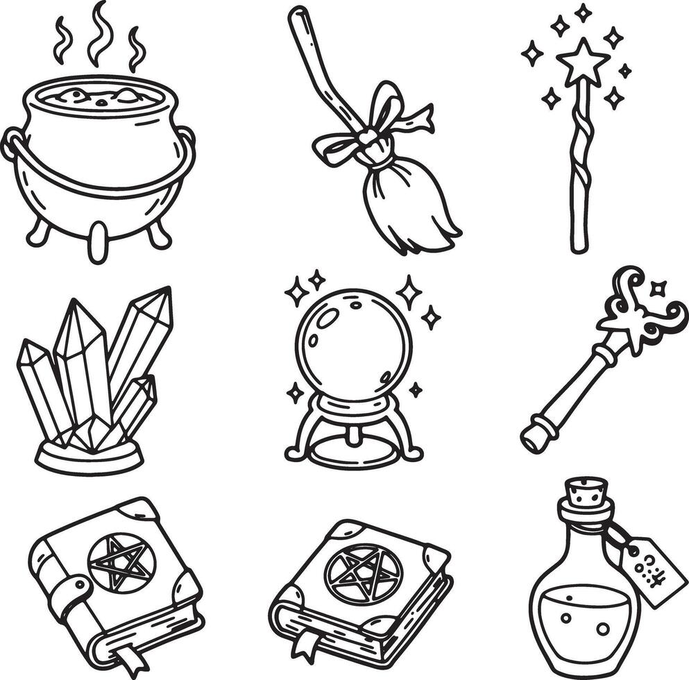 Mystical Witchcraft Tools Enchanting Line Art of Cauldron, Broomstick, Crystals, and Spellbooks in a Whimsical Setting vector