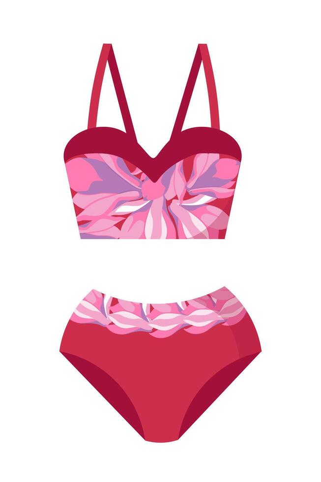 Fashionable women's swimsuit, bra and bikini with a print of magnolia flowers. Isolated on white background illustration. vector
