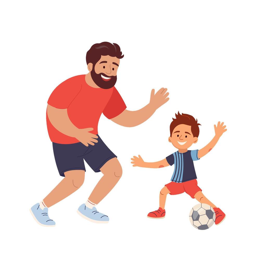 Father playing soccer with son Smiling dad acting as goalkeeper and cheerful boy kicking ball towards the goal Fun family outdoor activity Parenting time concept illustration Father's day vector