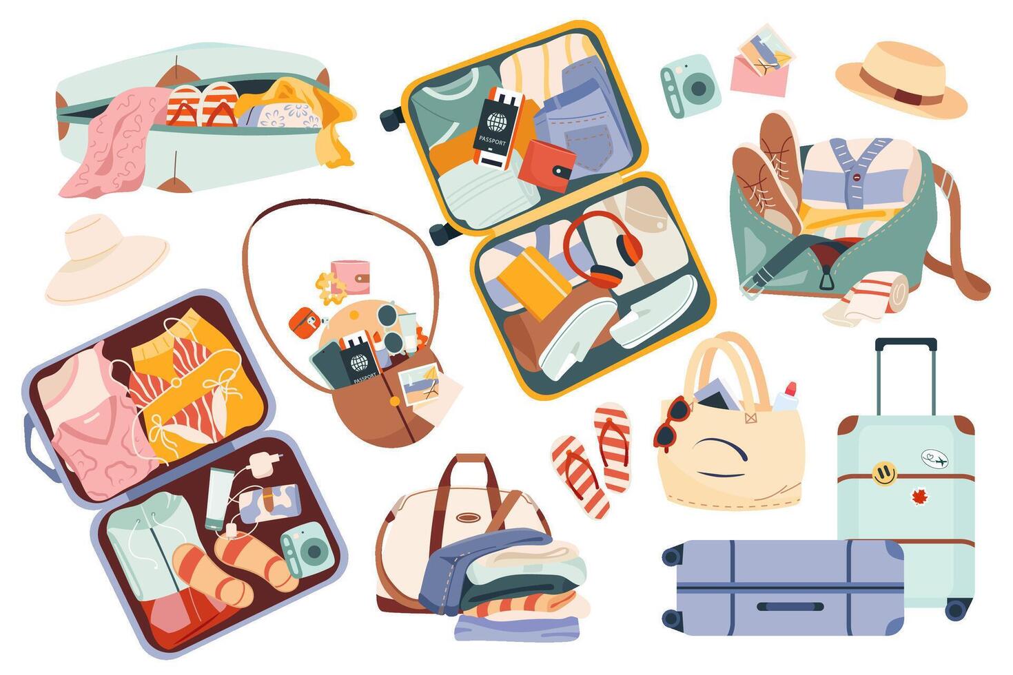 Colorful travel bags and essentials for packing vector