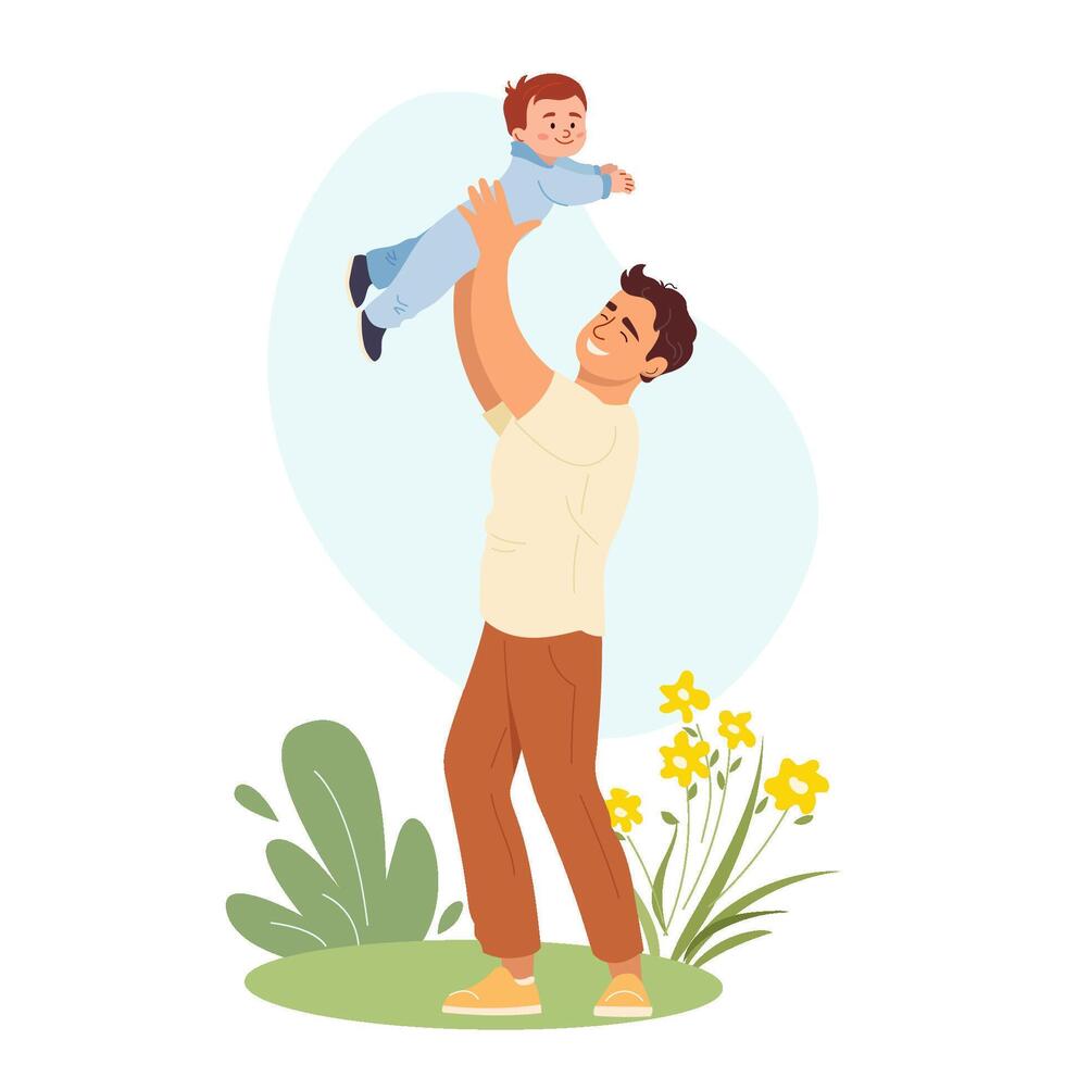 Smilling father lifting his baby son up in the air. Happy dad playing with child, joyful family time. illustration of parenthood love isolated. Perfect for Father's Day cards and family themed designs vector