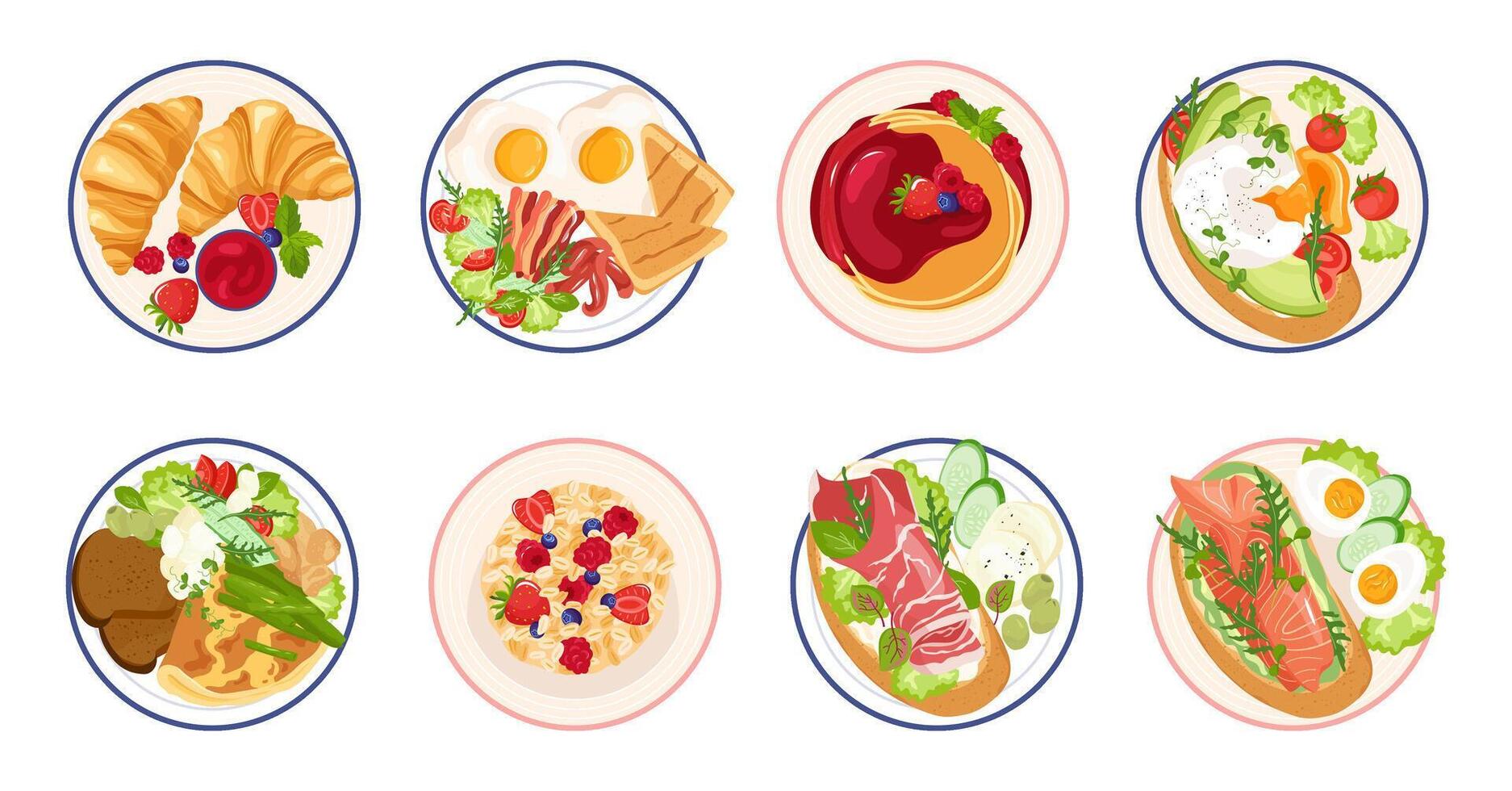 Various delicious breakfast and lunch plates vector