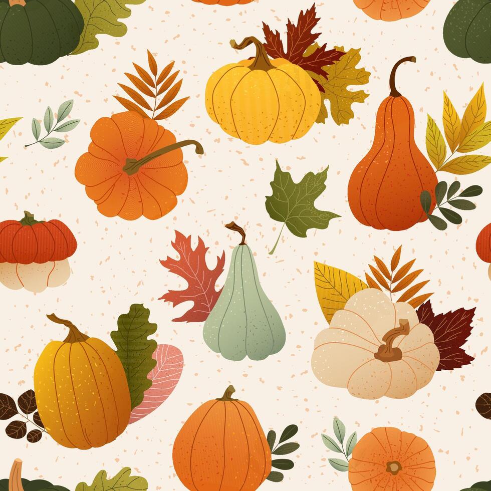 Colorful pumpkins and leaves pattern vector