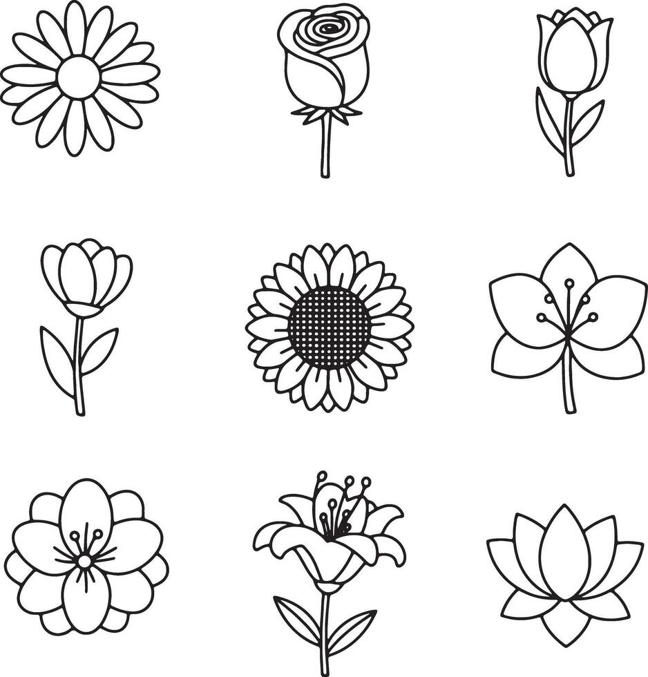 Nine Delightful Line Art Flower Drawings Simple, Elegant Floral Illustrations for Design Projects - Professional digital artwork with vibrant colors and detailed composition vector