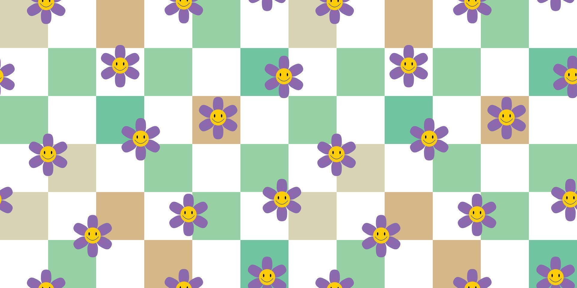 Happy face purple flowers on soft pastel squares, seamless floral design for kids or spring vector