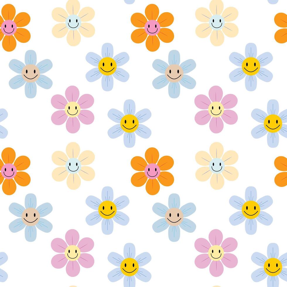 Happy face flowers in pastel tones, seamless floral pattern for kids, spring, and fun themes vector