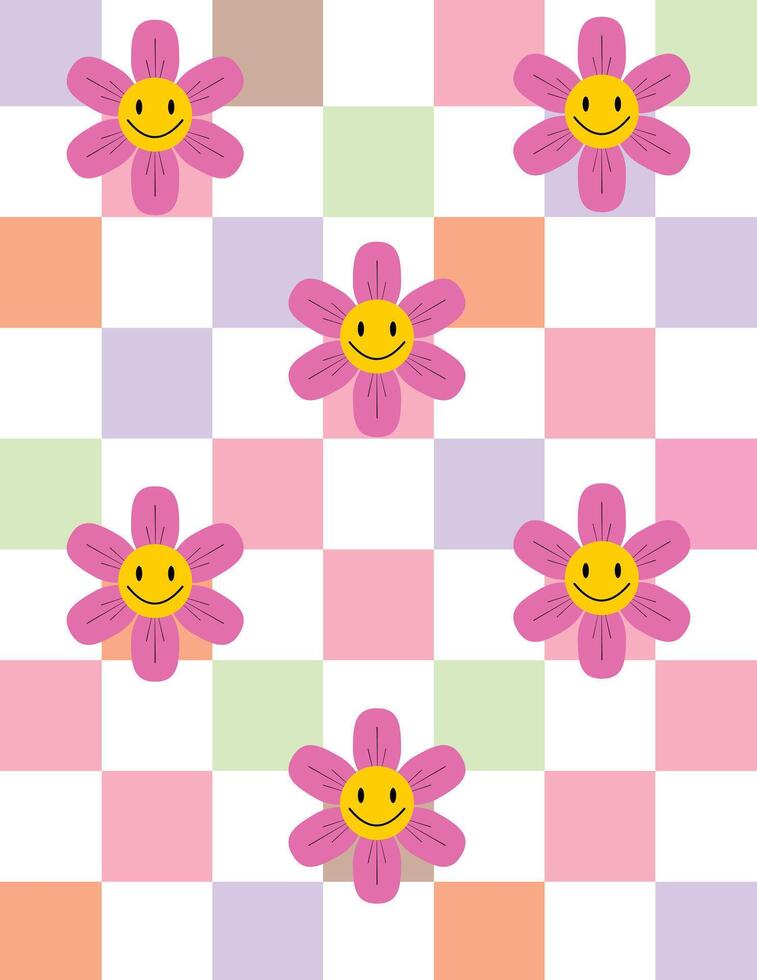Cute floral pattern with happy face flowers and soft pastel squares, cheerful design vector