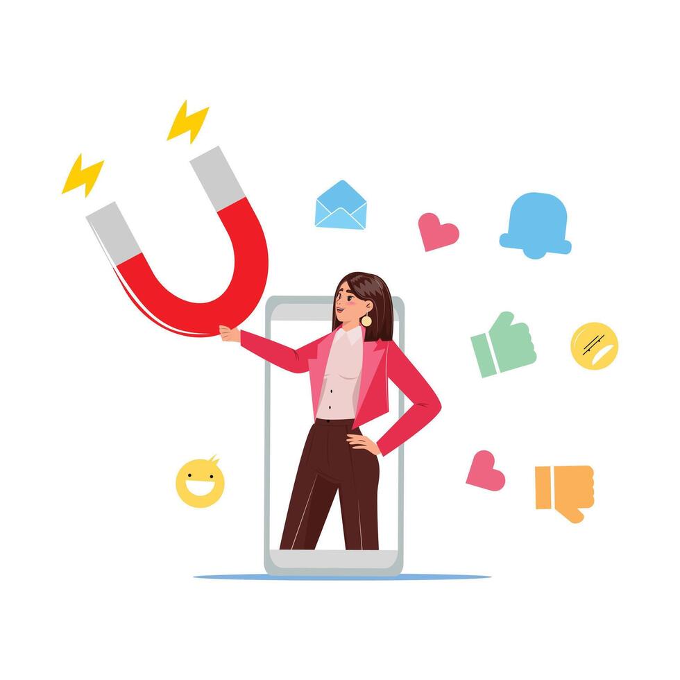 of businesswoman with magnet pulling likes, messages, and notifications from smartphone vector