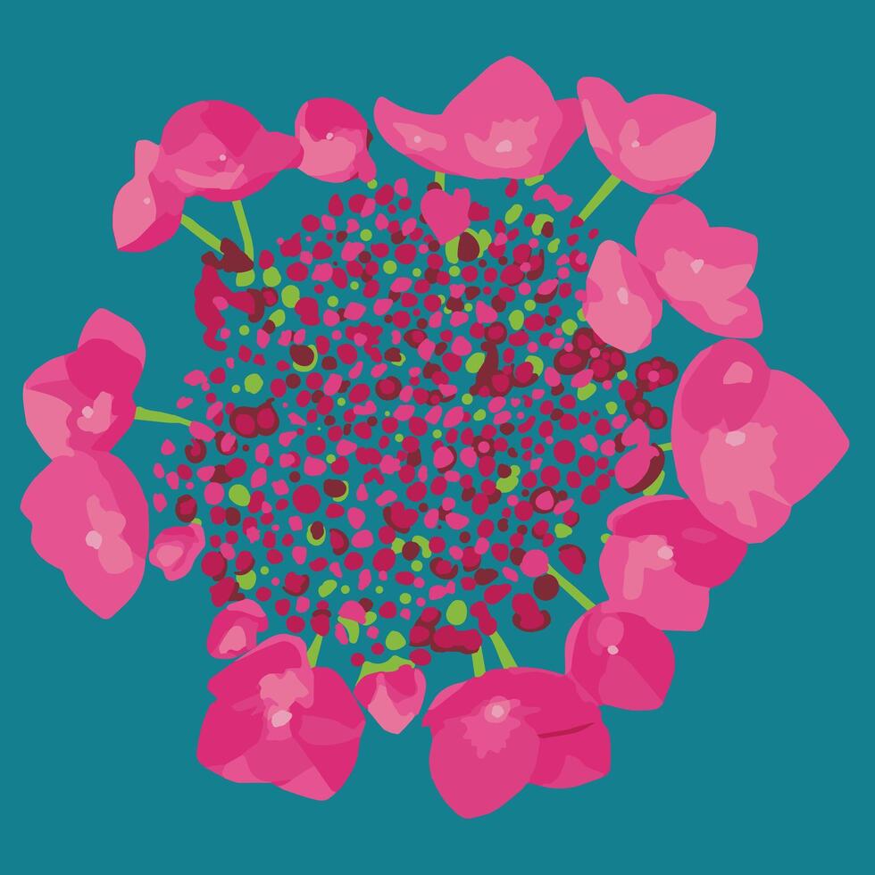 Abstract illustration of a hydrangea flower with vibrant pink petals and a detailed dotted center on a teal background, evoking a bold and artistic floral style. vector