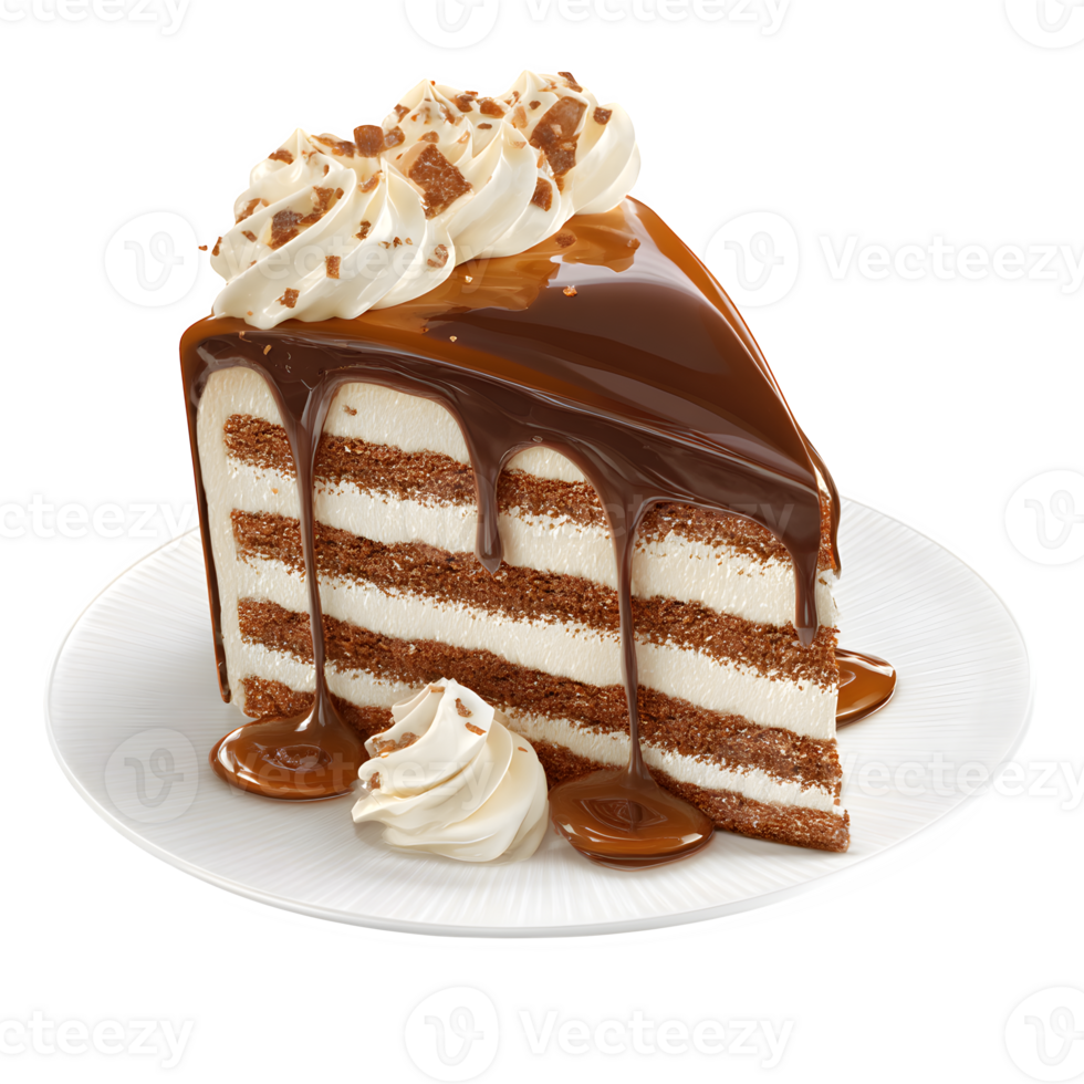 Delicious chocolate cake slice featuring layers of rich sponge, creamy frosting, topped with chocolate and caramel sauce served on a white plate, transparent background png
