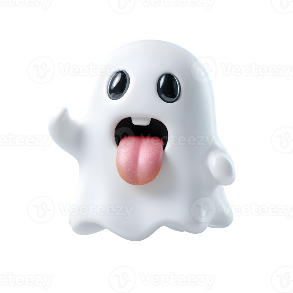 Funny Halloween spirit showcases a cartoonish white ghost sticking its tongue out on a transparent background, suitable for playful seasonal greetings. png