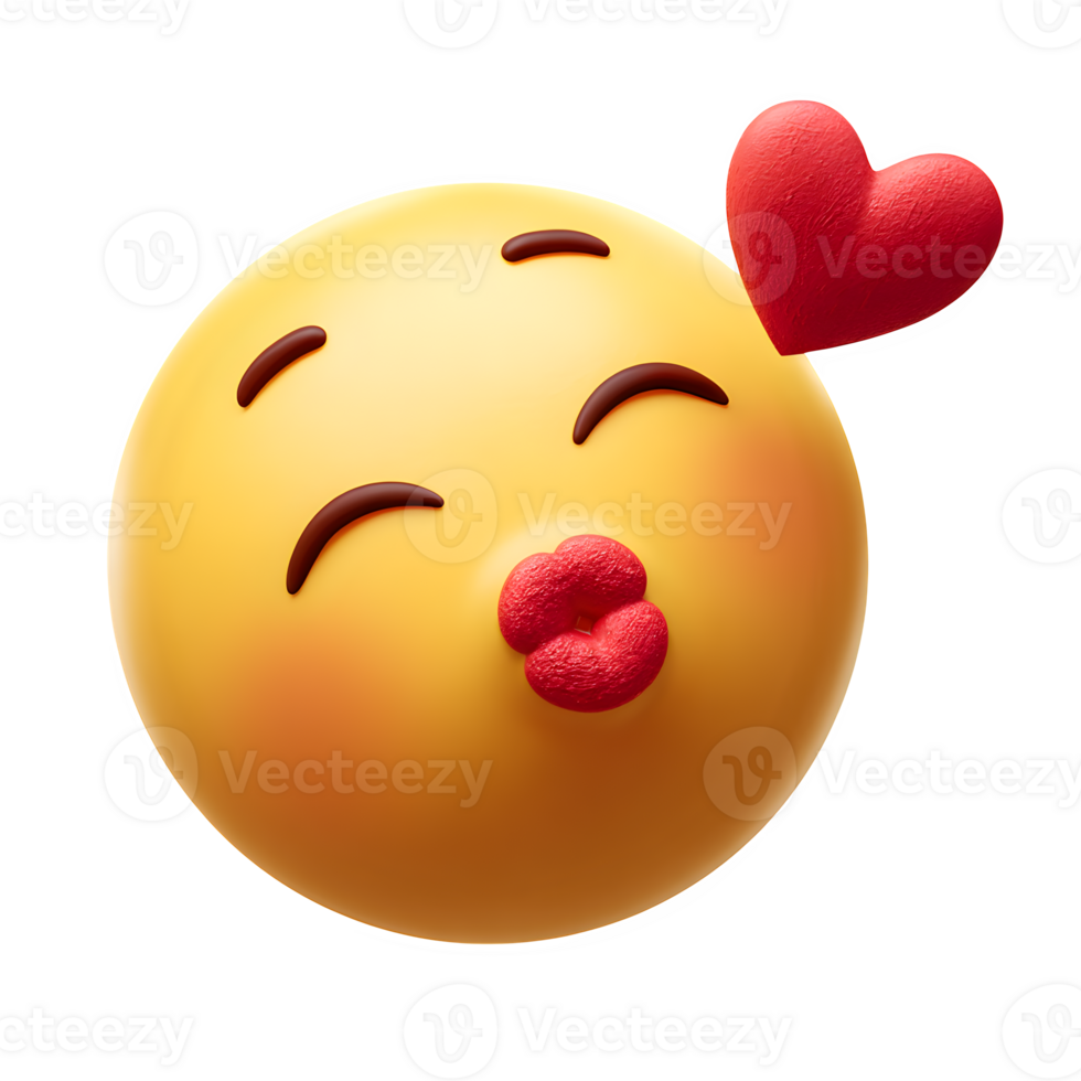 Rendered emoji with kiss face expression and heart floating beside it conveys feelings of love and affection for social media, messaging, and digital communication. png