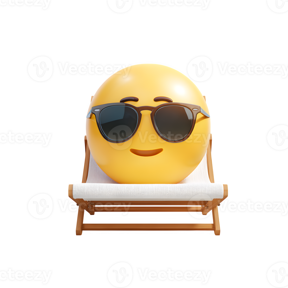 A charming emoji relaxes on a beach chair wearing sunglasses, creating a fun and lighthearted summer vacation vibe with a transparent background. png