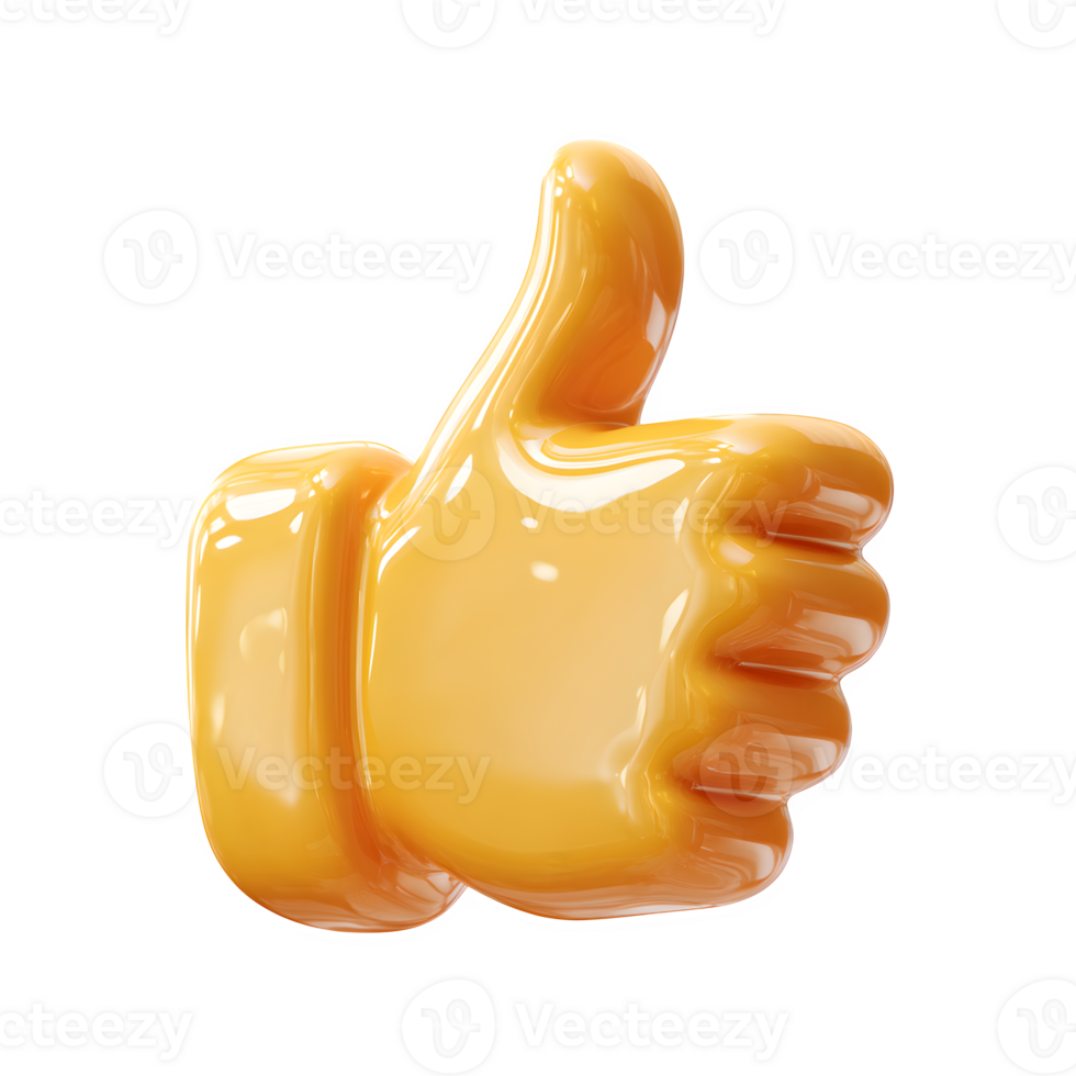Glossy yellow thumbs up symbol conveys approval and positivity, suitable for social media, websites, and marketing materials, presented on a transparent background. png