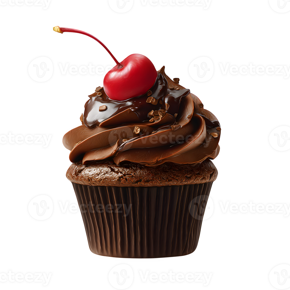 Delicious chocolate cupcake with cherry on top presented on a transparent backdrop, perfect for dessert lovers and culinary themed designs, transparent background png