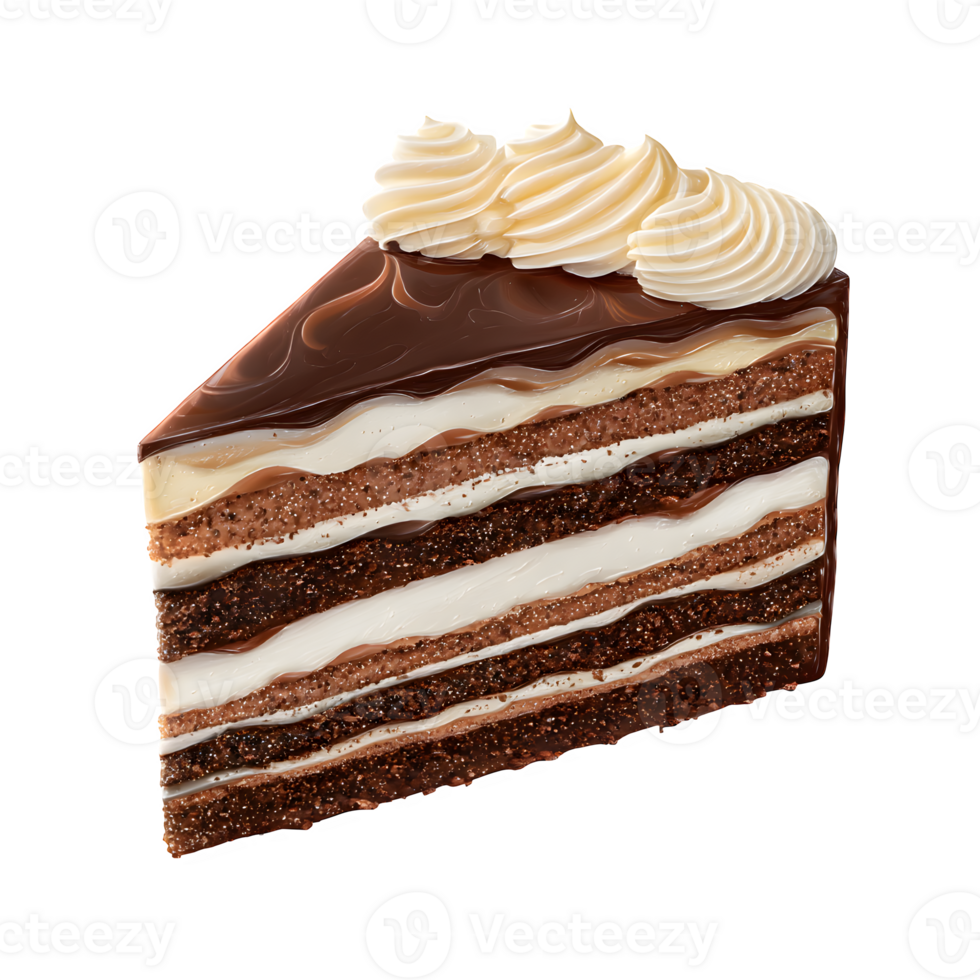 Delightful chocolate cake slice showcases creamy frosting on a transparent background, perfect for dessert menus and bakery promotions. png