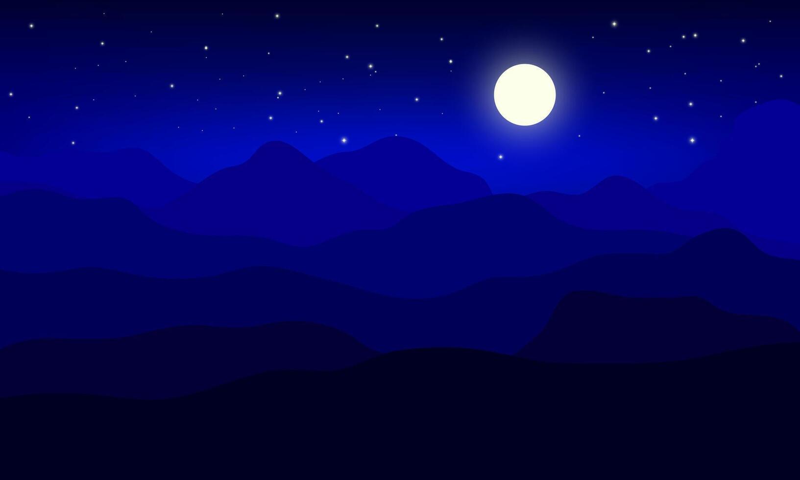illustration of blue night mountains with glowing full moon and scattered stars in sky. vector