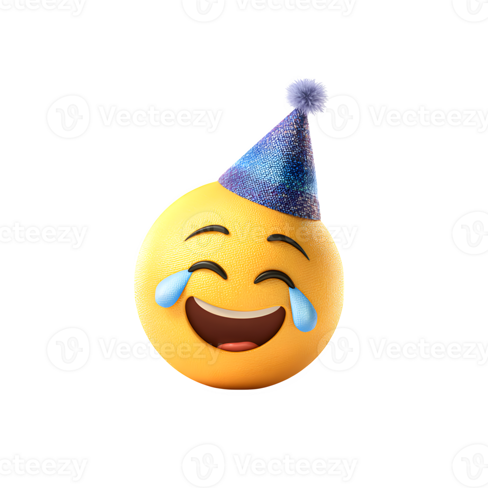 A hilarious emoji wearing a shiny party hat, tears streaming down its face against a stark transparent background creates a celebratory mood. png