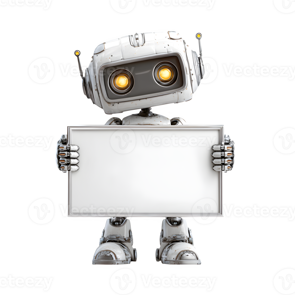 Futuristic robot holding a blank whiteboard against a transparent backdrop presents a space for messages, notices, or advertising with AI technology. png