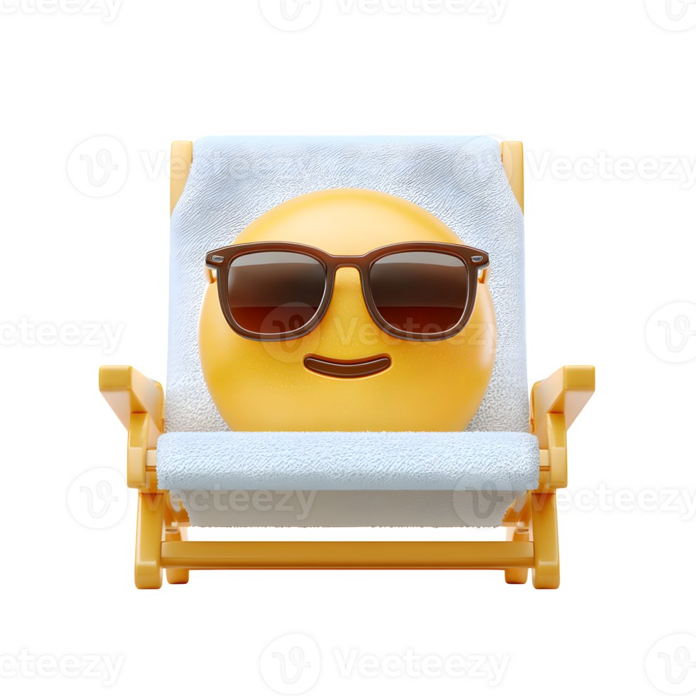 Smiling face with sunglasses enjoying the summer sun on a beach chair with transparent background ready for holiday themes. png