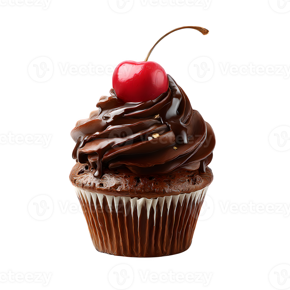 Delicious chocolate cupcake with a bright red cherry on top, perfect for dessert lovers and bakery-themed designs against a transparent background. png