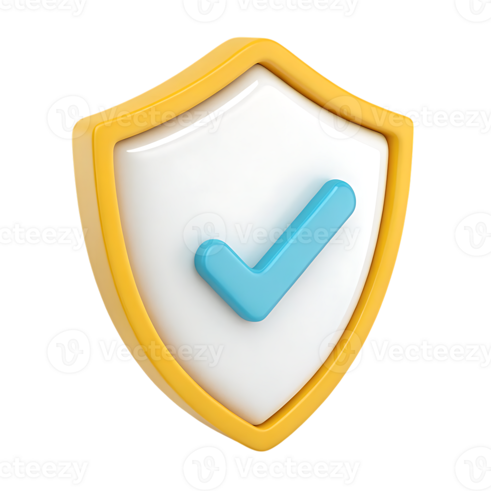 3d render yellow shield with blue checkmark isolated on transparent background png