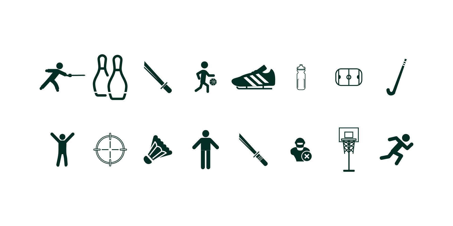 Comprehensive collection of black icons representing sports and recreation activities including games, fitness, competition, equipment and leisure illustrations vector