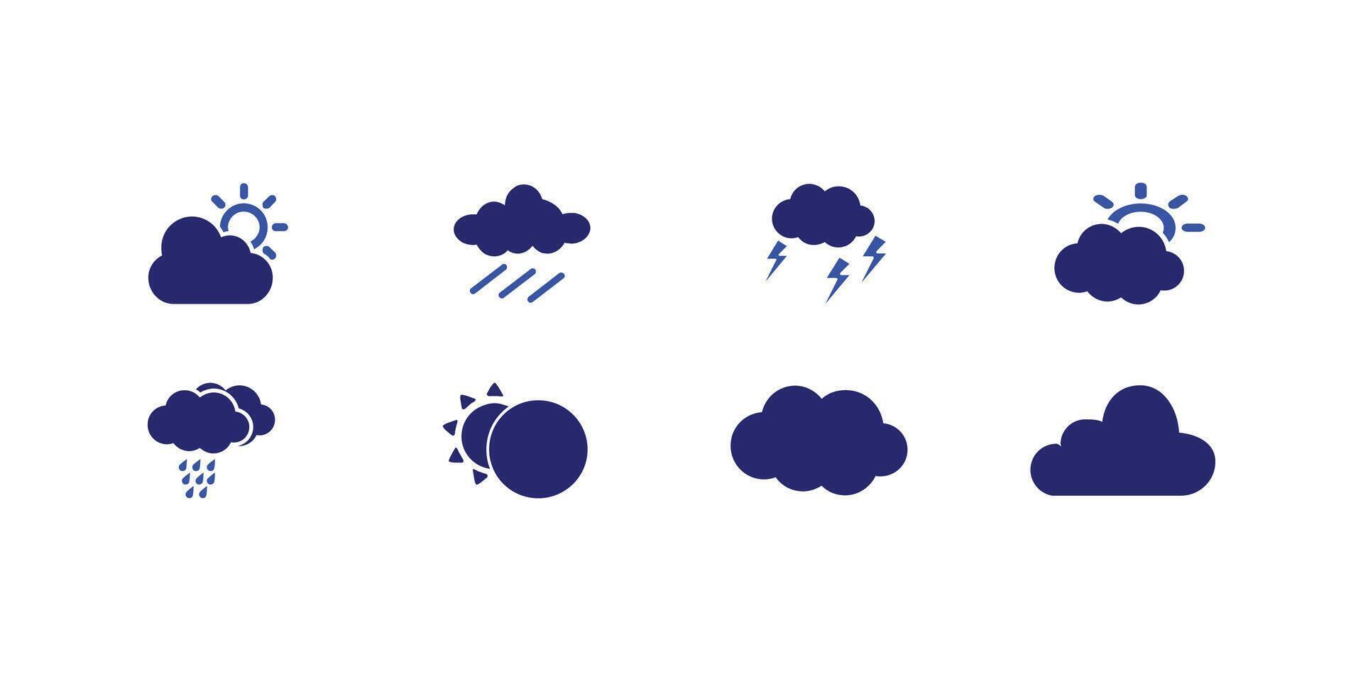 Complete set of flat weather icons representing various meteorological conditions for use in forecasts, apps, and climate-related designs vector