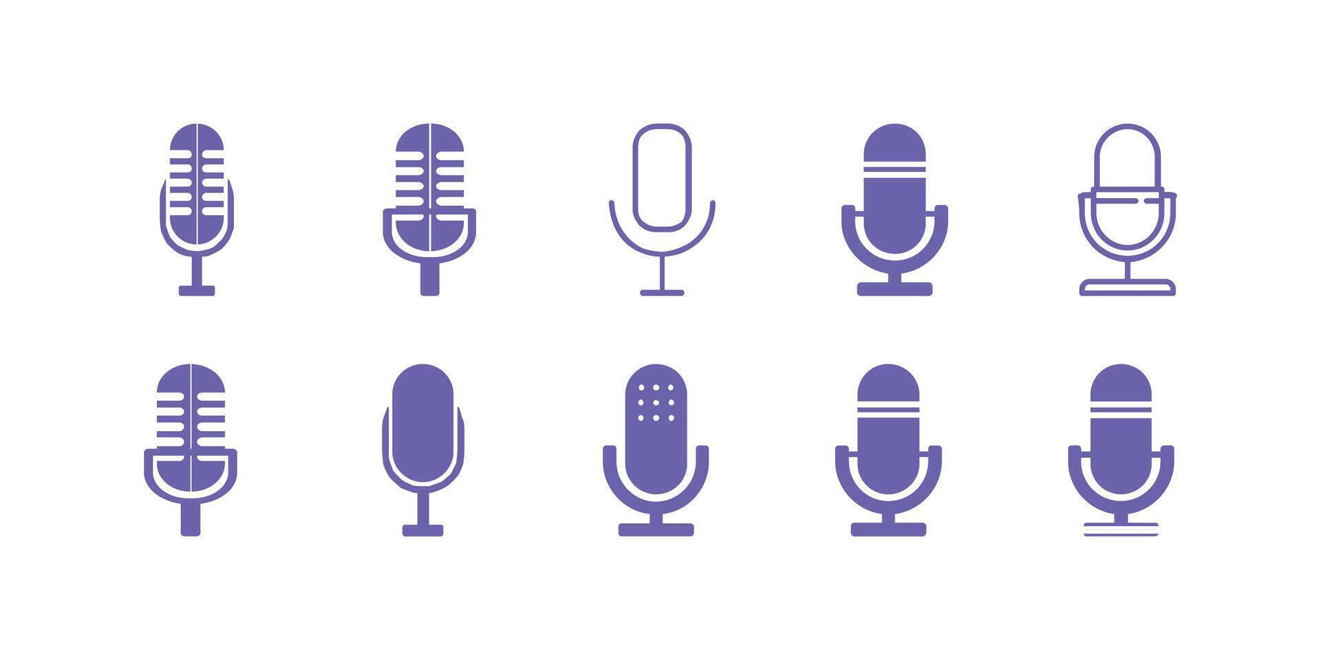 set of various microphone icons including podcast mic, karaoke microphone, studio and live performance mics perfect for music, audio, and broadcast applications vector