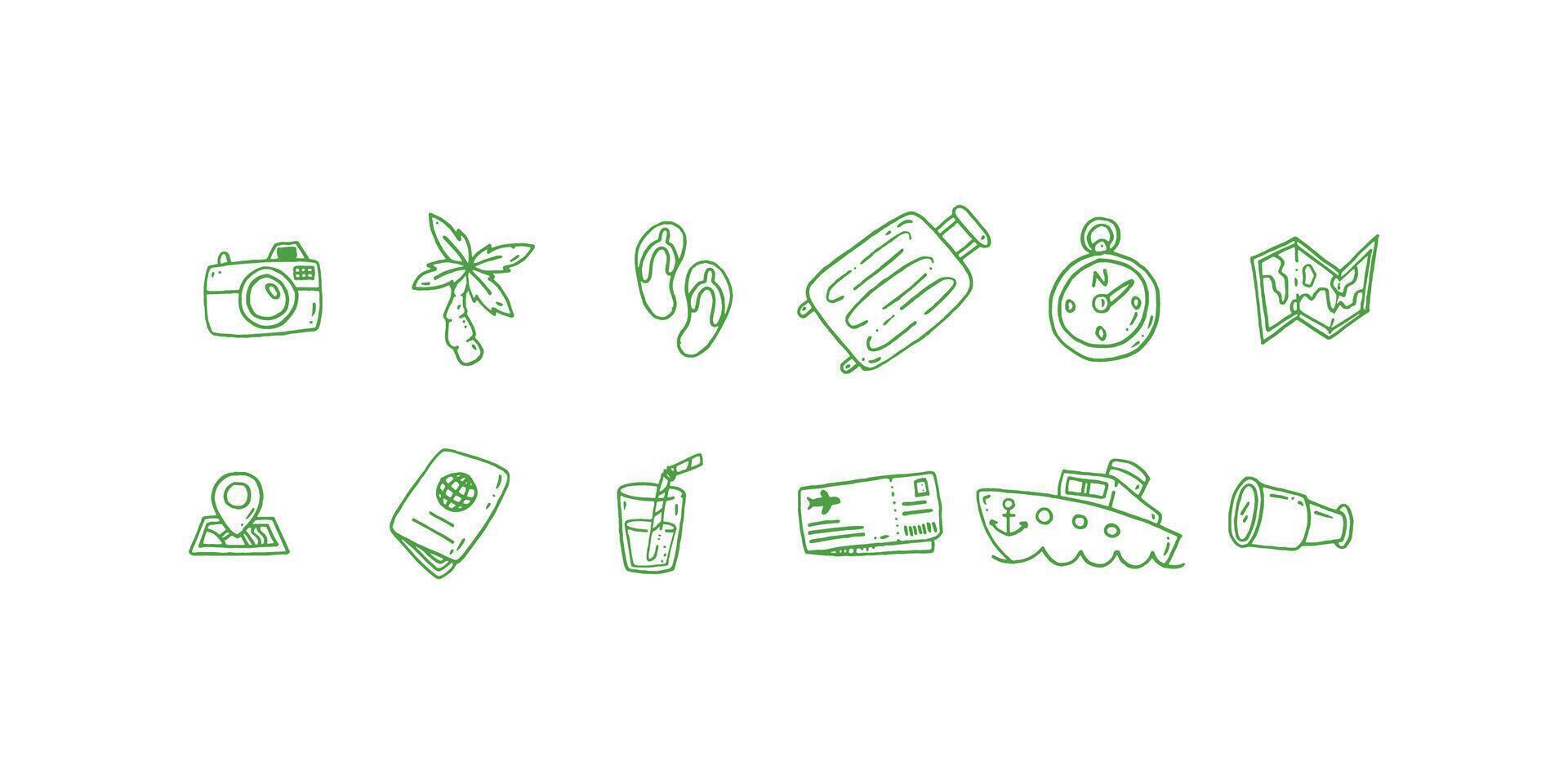 Creative collection of hand drawn travel icons in doodle art style featuring suitcase, camera, map, and transportation for tourism and vacation design projects vector