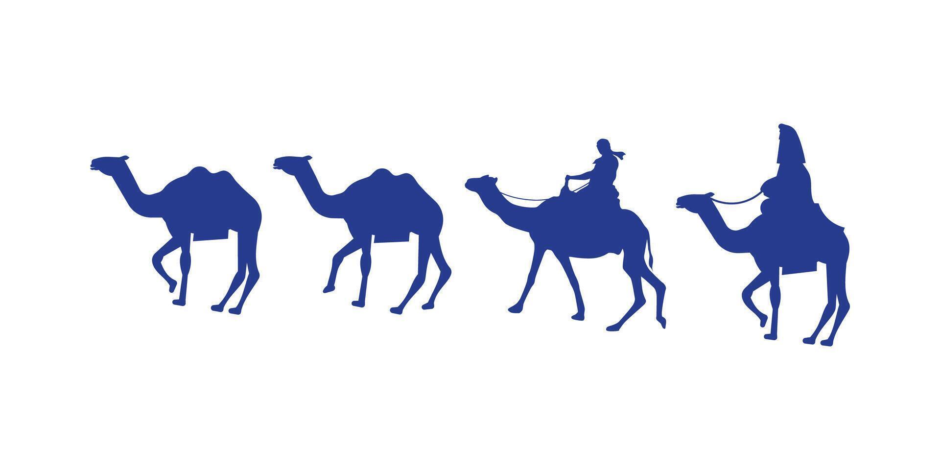 Set of camel silhouette illustrations featuring desert animals, wildlife shapes, transportation icons and Arabian culture for safari travel and nature-themed designs vector