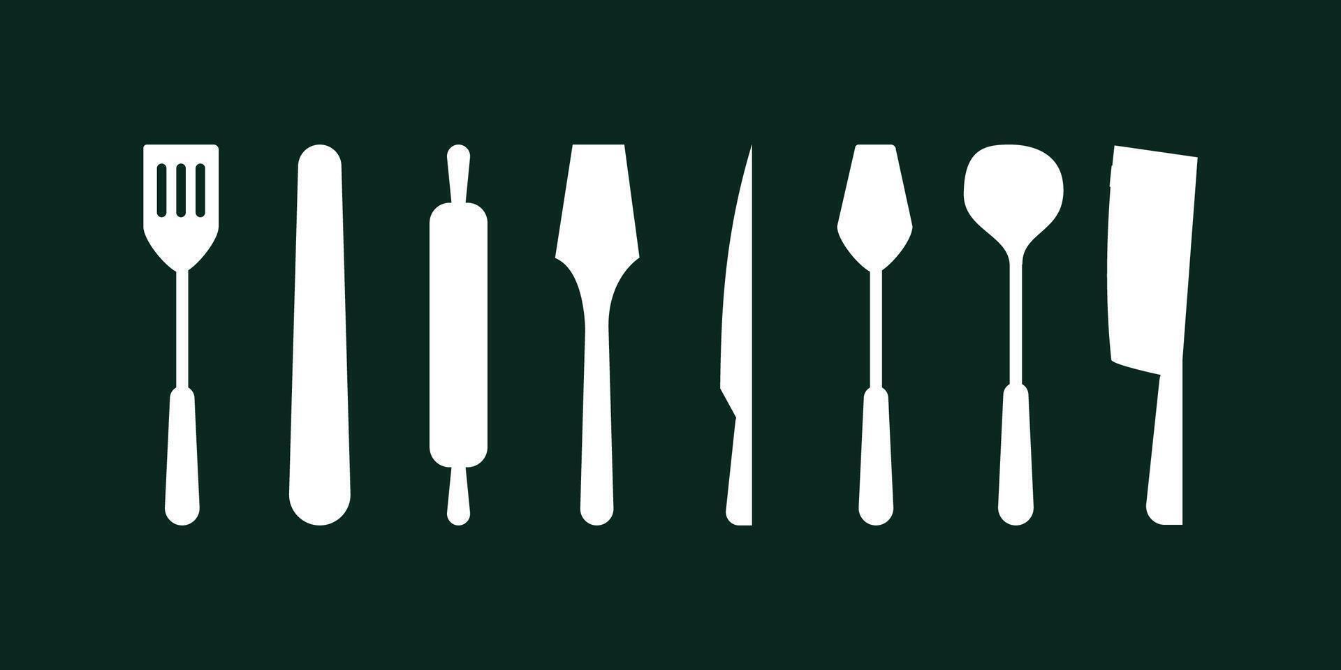Kitchen utensils silhouettes and kitchen tools icon collection including spoons and flat style illustrations for professional cooking and food design vector