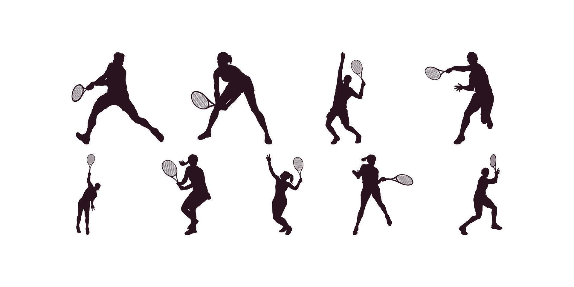 Silhouette collection of tennis players in motion with rackets illustrating different shots, ideal for sports-themed projects and graphic design vector