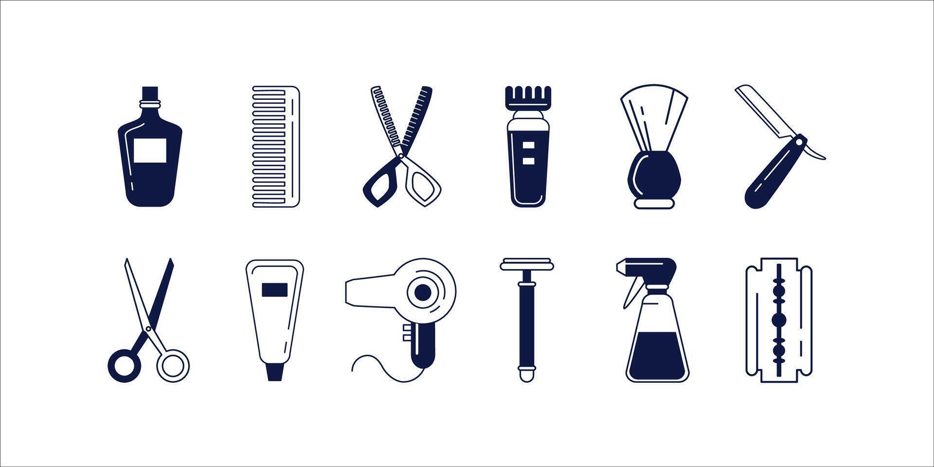 collection of barber shop accessories, tools, and cosmetics icons perfect for grooming, hairdressing, salon services, and personal care-related design projects vector