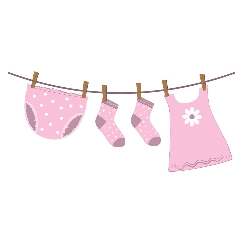 Drying wet children clothes hung on a clothesline vector