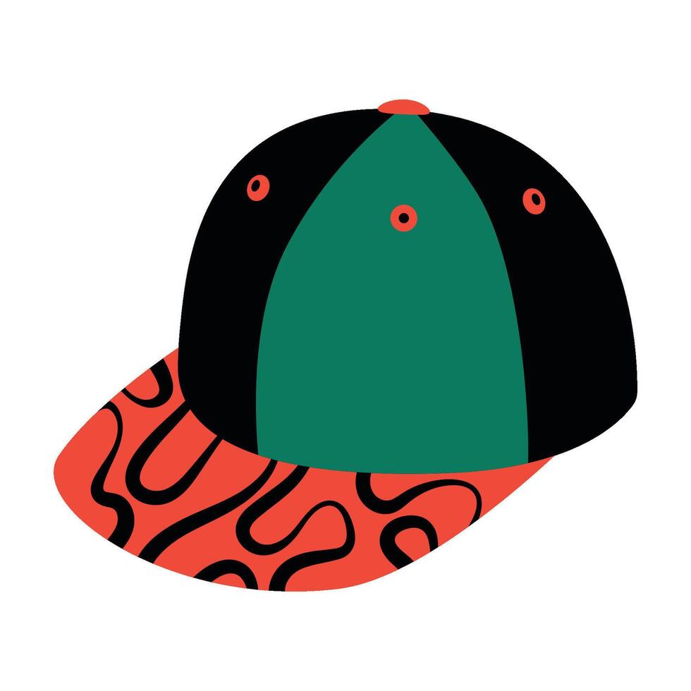 Skater cap isolated illustration. Bright fashionable clothing for young people. Red, green and black color attract the eye. Perfect for fashion projects and creative design vector
