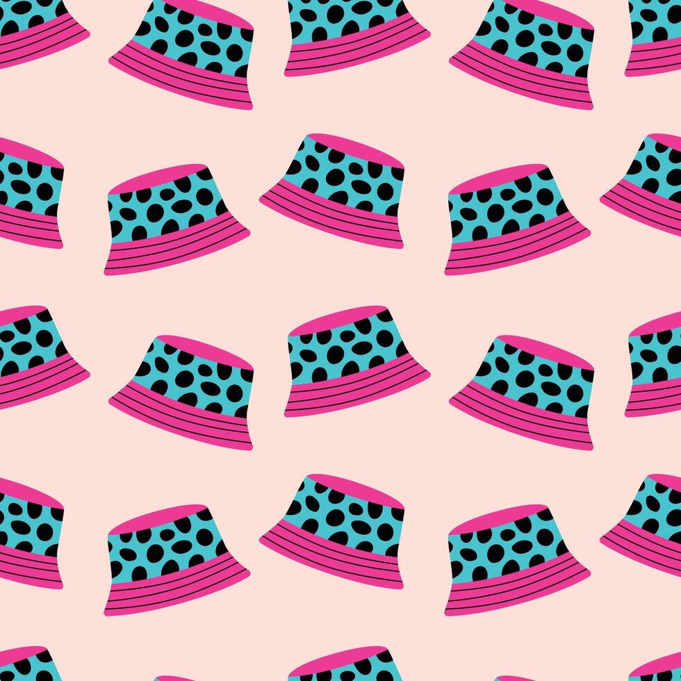 Vibrant Polka Dot Bucket Hat Seamless Pattern. Playful and artistic design ideal for fashion, textiles, and modern graphic projects. vector