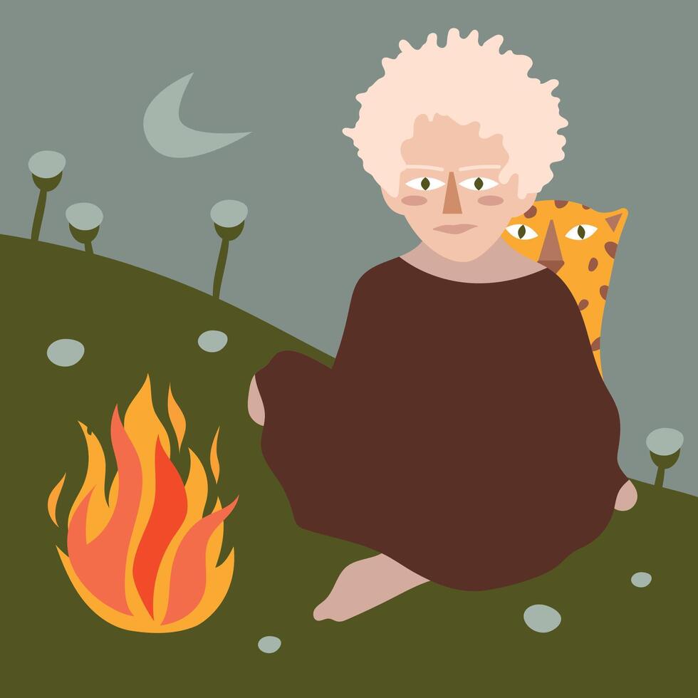 An albino boy sits by the fire next to a leopard. Atmospheric modern illustration in earthy colors. Ideal for interior design vector