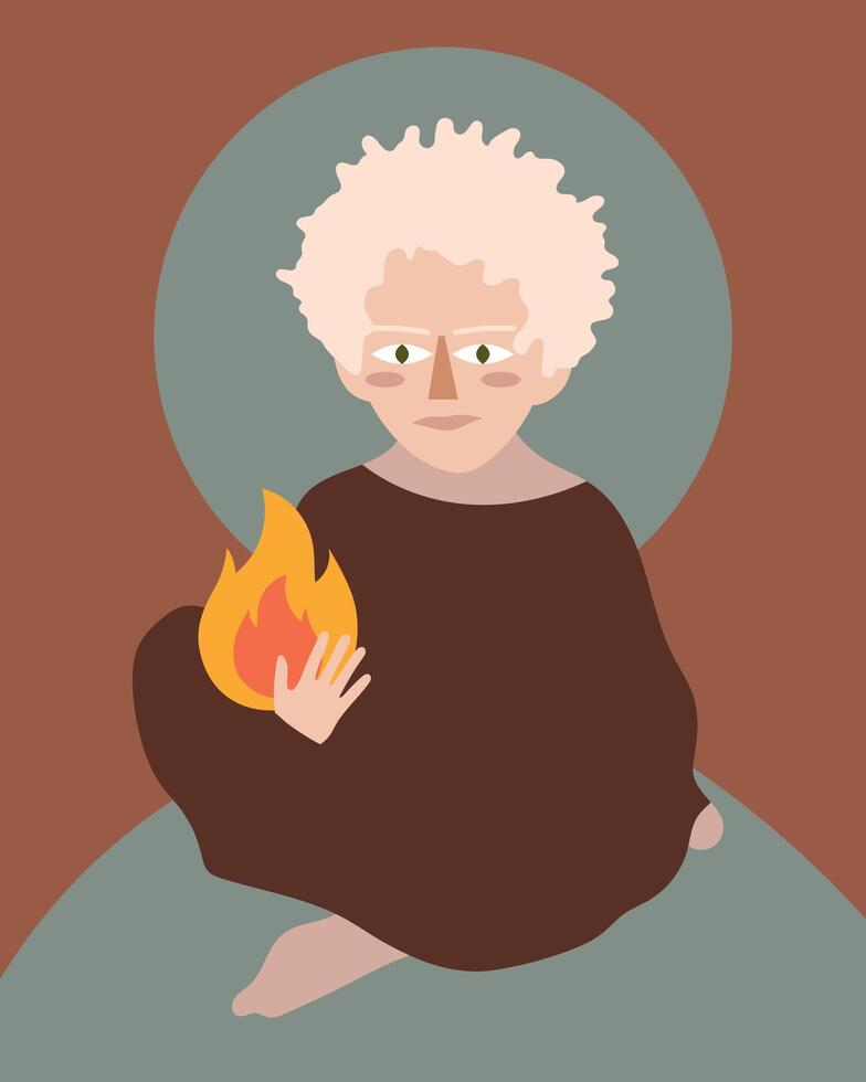 Abstract illustration of a person with curly hair, sitting while holding a flame in one hand. vector