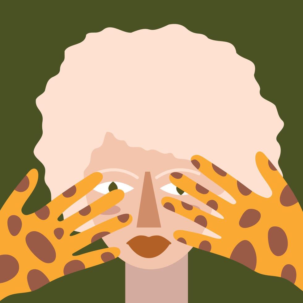 This abstract illustration features a stylized face partially concealed by vibrant, patterned hands. A bold depiction of identity and emotion through modern art techniques. vector