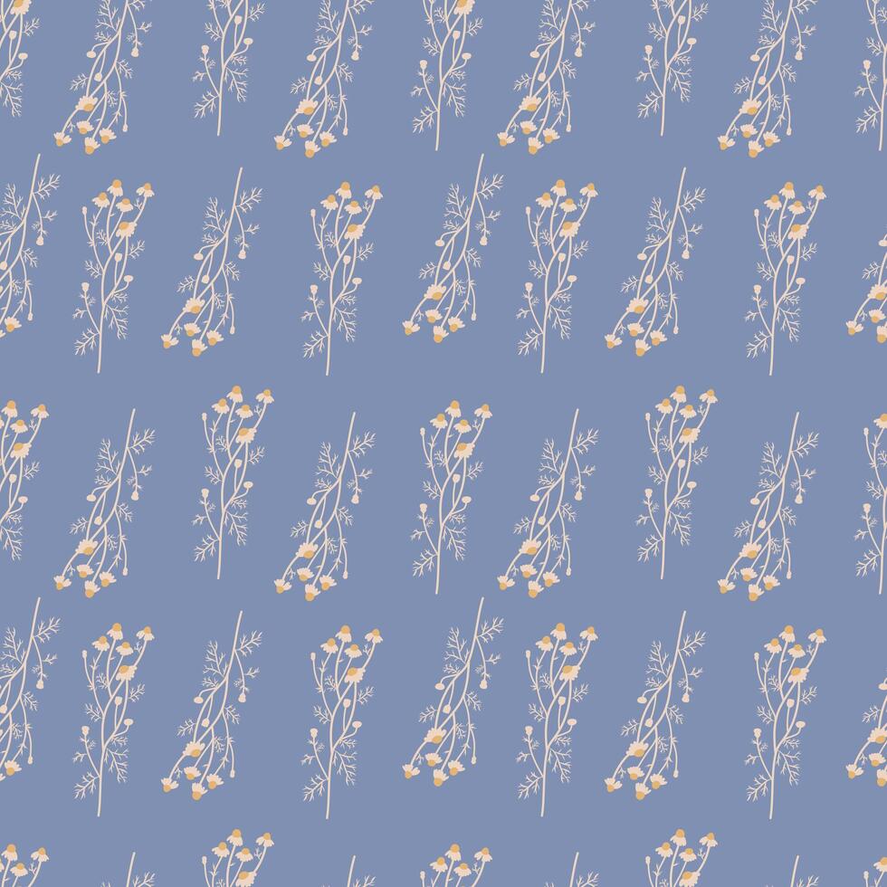 Seamless Floral Pattern with Delicate Botanical Motif. Small chamomile and branches on a soft blue background. This illustration is ideal for textile design or wallpaper. vector