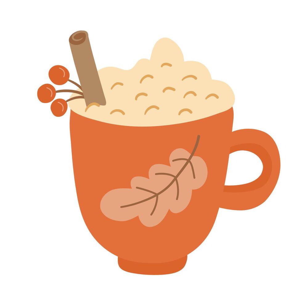Hot drink in an autumn mug decorated with a leaf, topped with whipped cream and cinnamon stick. Hand drawn flat illustration. vector