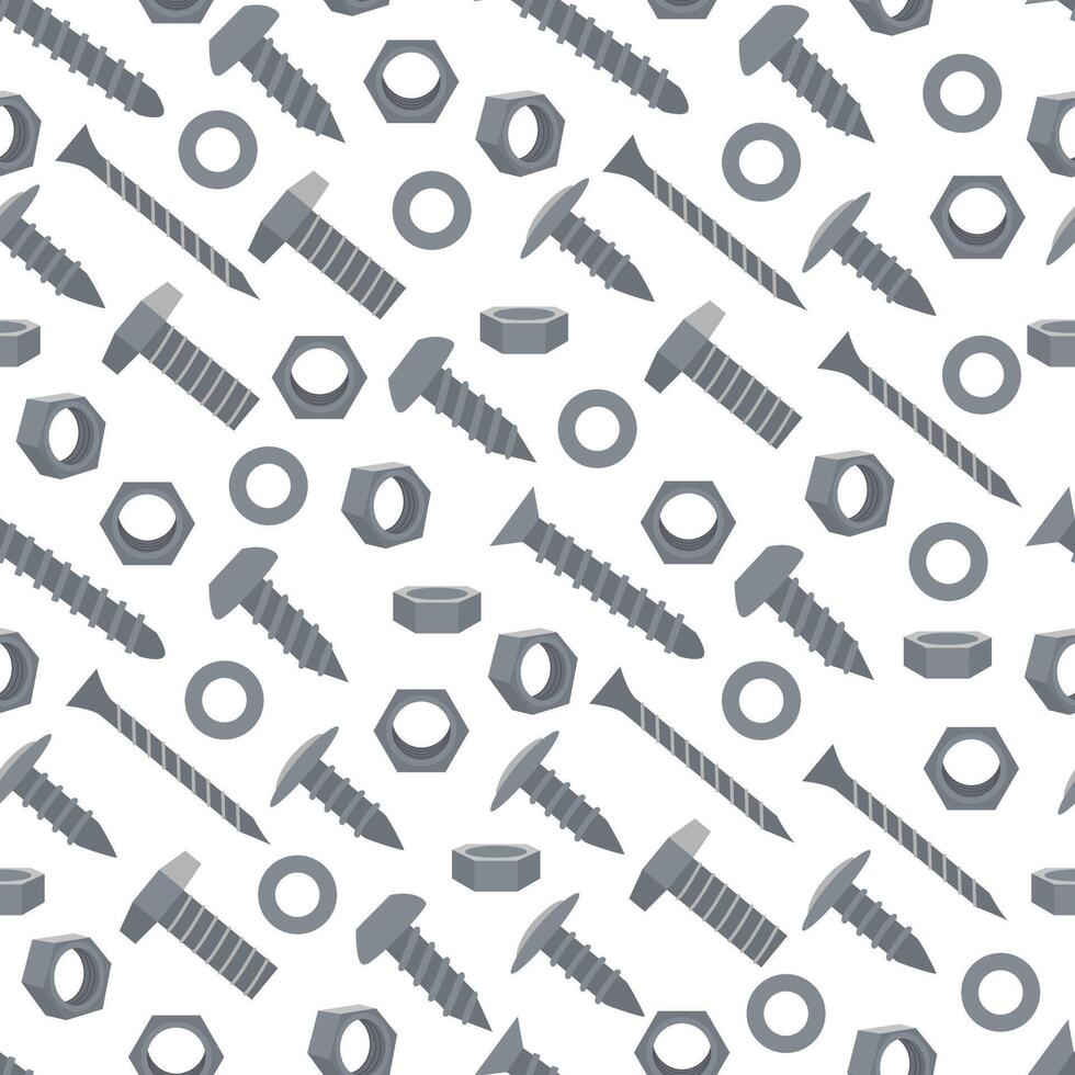 Seamless pattern with screws, nuts, and washers. Hand drawn flat style illustration for for textile prints, wrapping paper, repairing projects vector