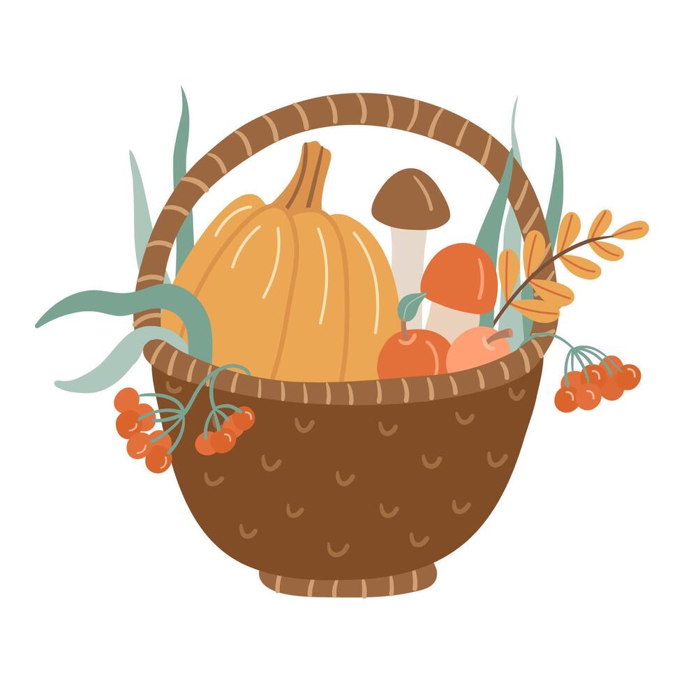 Autumn harvest basket with pumpkin, mushrooms, apples, berries, and fall foliage. Hand drawn flat illustration. vector